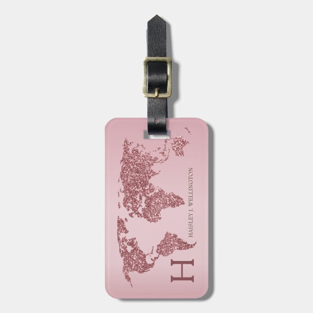 Elegante World Map Rose Gold Glitzer Monogram Name Gepäckanhänger (Vorderseite vertikal)
