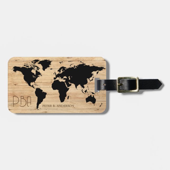 Elegante World Traveller Map Holzname Mit Monogram Gepäckanhänger (Vorderseite horizontal)