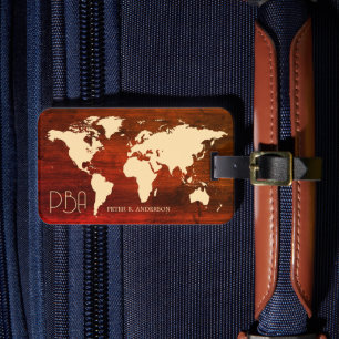 Elegante World Traveller Map Holzname Mit Monogram Gepäckanhänger