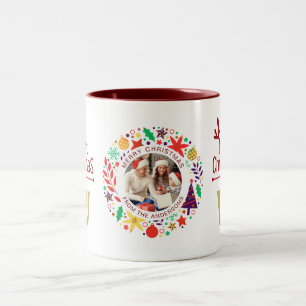 Elegante Wreath Christmas Foto Family Monogram Zweifarbige Tasse