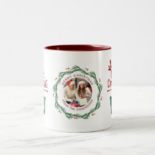 Elegante Wreath Christmas Foto Family Monogram Zweifarbige Tasse