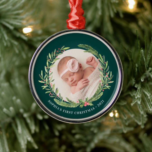 Elegante Wreath First Christmas Foto Green Ornament Aus Metall (Baum)
