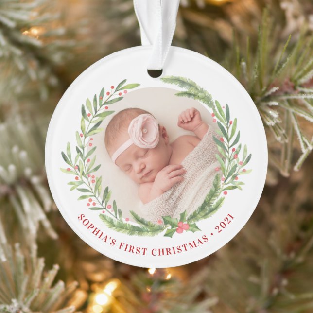 Elegante Wreath First Christmas Foto White Ornament (Baum)