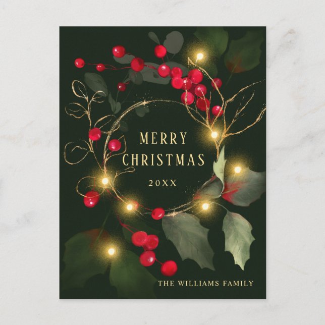 Elegante Wreath Holly Berry Pine Forest Christmas Postkarte (Vorderseite)
