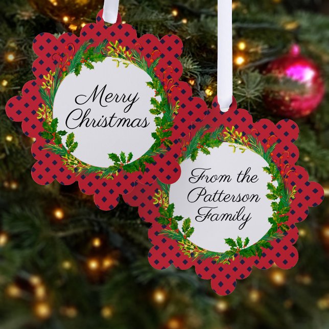 Elegante Wreath Modern Red Add Name Weihnachten Ornament Karte (Von Creator hochgeladen)