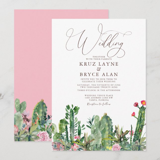 Elegante Wüste Cacti Succulents Einladung Hochzeit (Vorne/Hinten)