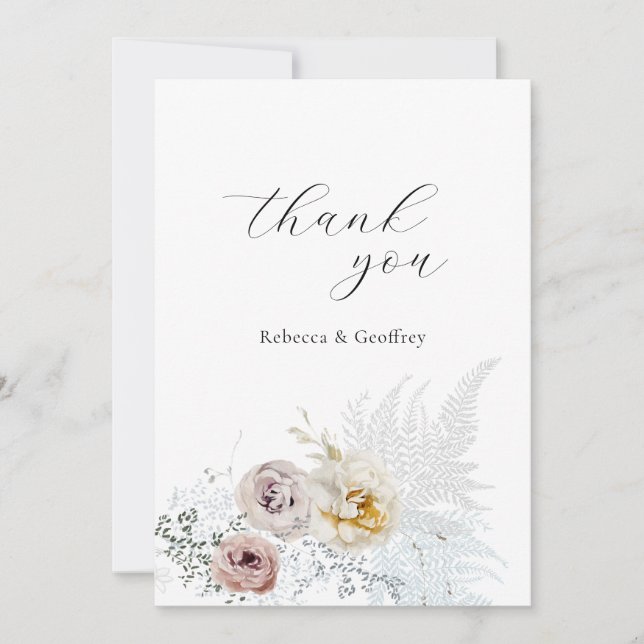 Elegante zarte Rose Kalligraphie Hochzeit Dankeskarte (Vorderseite)