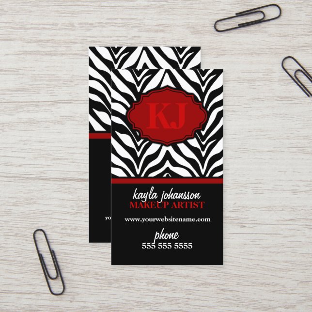 Elegante Zebra-Druck-Monogramm-Visitenkarten Visitenkarte (Vorderseite/Rückseite Beispiel)