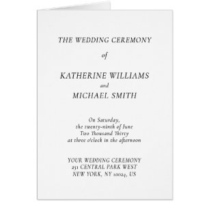 Elegante zeitlose weiße Hochzeitsprogramm-Notizkar