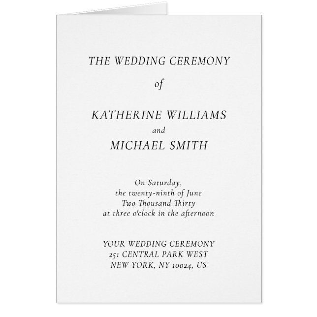Elegante zeitlose weiße Hochzeitsprogramm-Notizkar (Vorne)