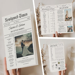 Elegante Zeitungsdetails-Timeline-Hochzeit Einladung