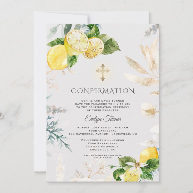 Elegante Zitronenfrüchte Goldene Flora Girl Bestät Einladung (Vorderseite)