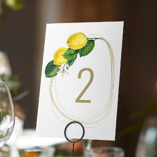 Elegante Zitronenhain-Hochzeit Zitrus Botanik Tischnummer