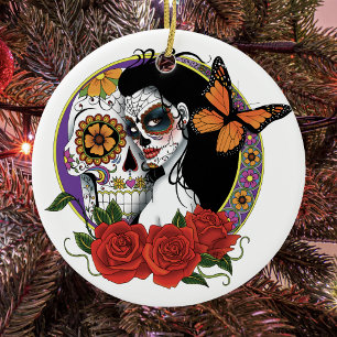Elegante Zucker-Schädel Monarch Rot Rosen Art Nouv Keramikornament