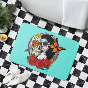 Elegante Zuckerschädel Monarch Rot Rosen Art Nouve Badematte