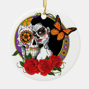 Elegante Zuckerschädel Monarch Rot Rosen Art Nouve Keramikornament