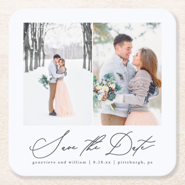 Elegante zwei Fotos Hochzeit speichern Sie den Dat Rechteckiger Pappuntersetzer (Vorderseite)
