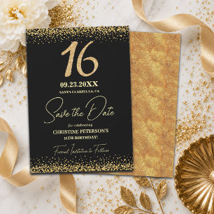 Eleganter 16. Geburtstag in Schwarz und Gold Glitt Save The Date