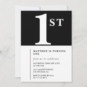 Eleganter 1. Geburtstag Einladung Schwarz-weiß Chi