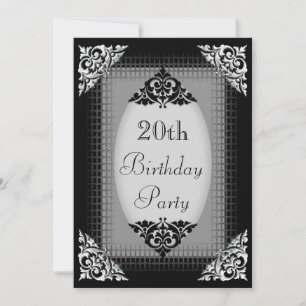 Eleganter 20. Geburtstag in Schwarz und Silber Einladung