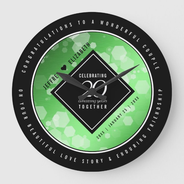 Eleganter 20. Smaragdgrüner Hochzeitstag Große Wanduhr (Vorderseite)