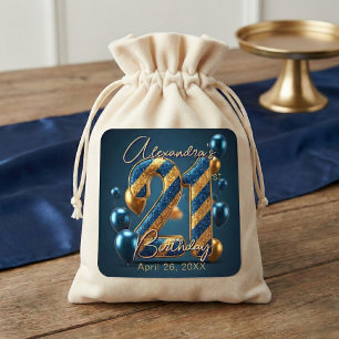 Eleganter 21. Geburtstag Blau Gold Glitzer Streife Quadratischer Aufkleber