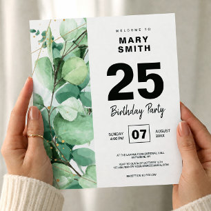Eleganter 25. Geburtstag mit Wasserfarben-Eukalypt Einladung