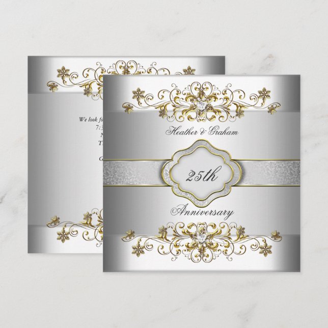 Eleganter 25-jähriger Silver White Gold Templat Einladung (Vorne/Hinten)