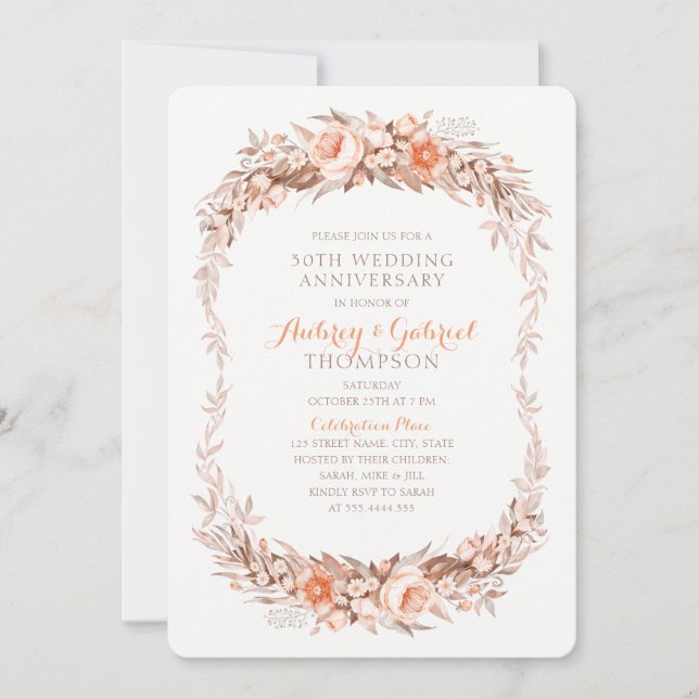 Eleganter 30. Hochzeitstag Blumenfall Einladung (Vorderseite)
