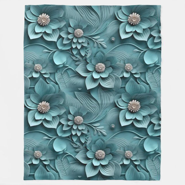 Eleganter 3D Floral Relief Aquamarin Fleecedecke (Vorderseite)