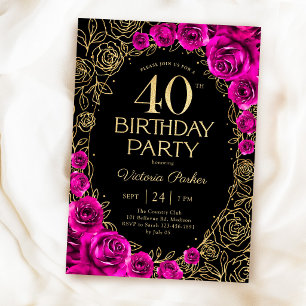 Eleganter 40. Geburtstag Fuchsia Rosa Schwarz & Go Einladung