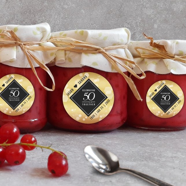 Eleganter 50. Geburtstag der Goldenen Hochzeit Runder Aufkleber (Elegant 50th Golden Wedding Anniversary Round Sticker Cover Photo.)