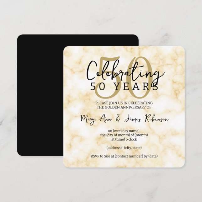 Eleganter 50. Hochzeitstag Gold Marmor Einladung (Vorne/Hinten)