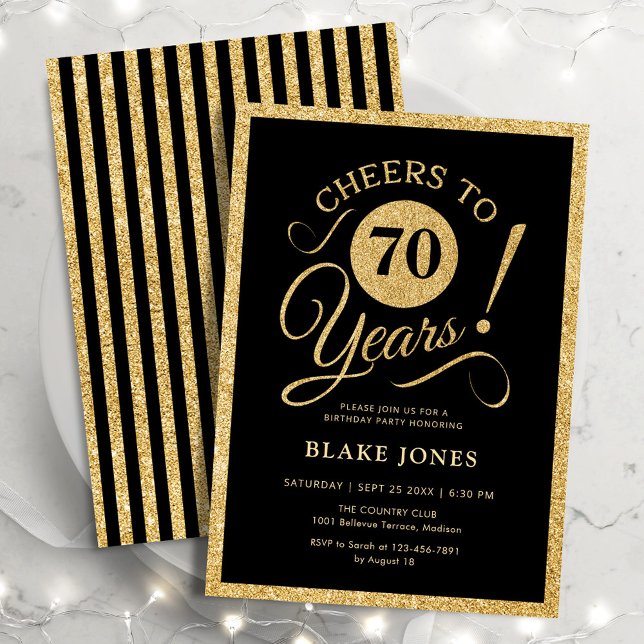 Eleganter 70. Geburtstag in Schwarz und Gold Einladung (Von Creator hochgeladen)