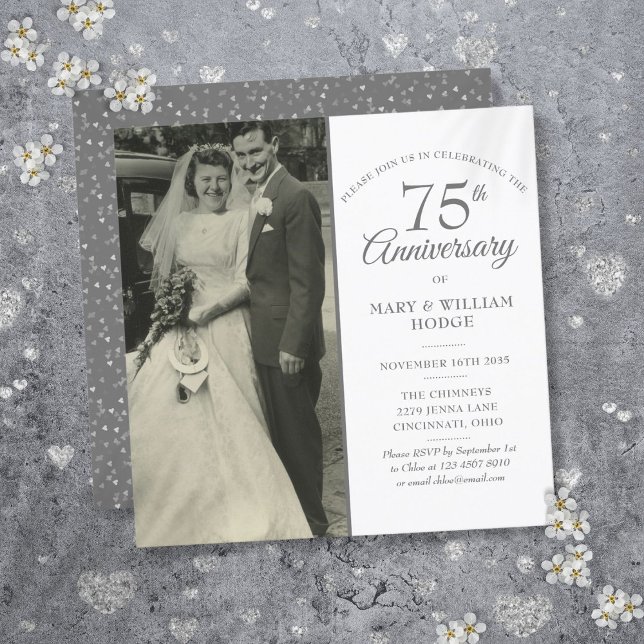 Eleganter, 75-jähriger Hochzeitsplatz Foto Einladung (Elegant 75th Anniversary Wedding Photo Square Invitation)