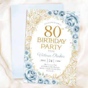 Eleganter 80. Geburtstag Dusty Blue Gold Floral Einladung