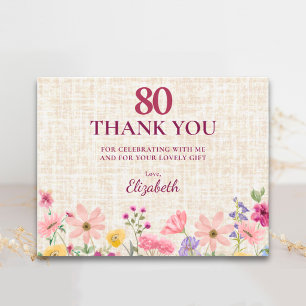 Eleganter 80. Geburtstag für sie - Leinen Floral Dankeskarte