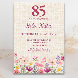 Eleganter 85. Geburtstag für sie - Leinen Floral Einladung