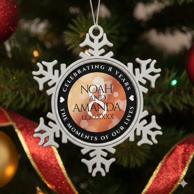 Eleganter 8. Geburtstag der Bronze Schneeflocken Zinn-Ornament (8th Bronze Wedding Anniversary Snowflake Pewter Ornament Cover Photo)