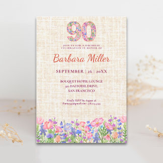 Eleganter 90. Geburtstag für sie - rosa Blumen Einladung
