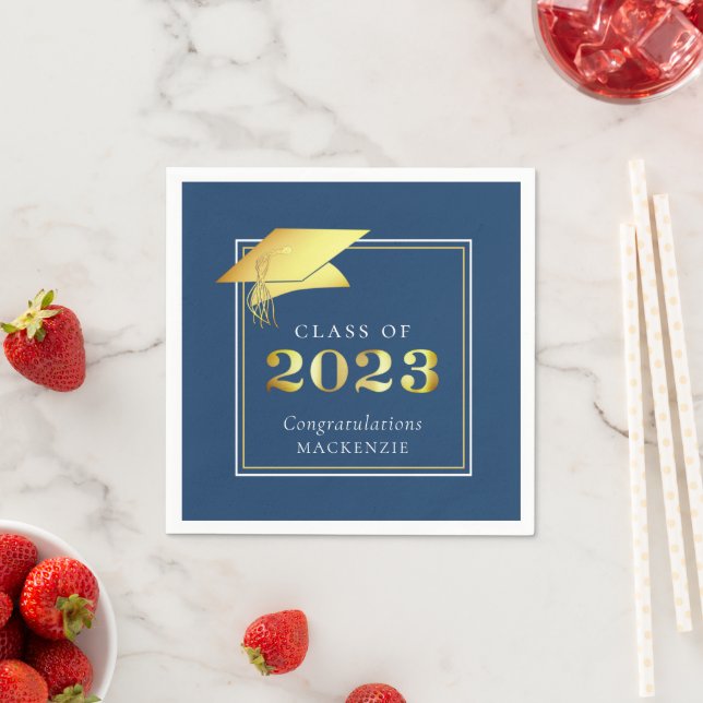 Eleganter Abschluss 2023 Blue Gold Metallic Script Serviette (Beispiel)