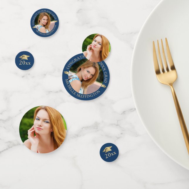 Eleganter Abschluss Blue Gold Foto Personalisiert Konfetti (Gruppe)