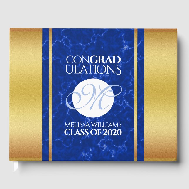 Eleganter Abschluss Monogram Blue Marble Gold Foil Gästebuch (Vorderseite)