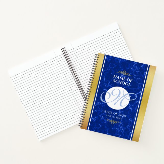 Eleganter Abschluss Monogram Blue Marble Gold Foil Notizbuch (Innenseite)