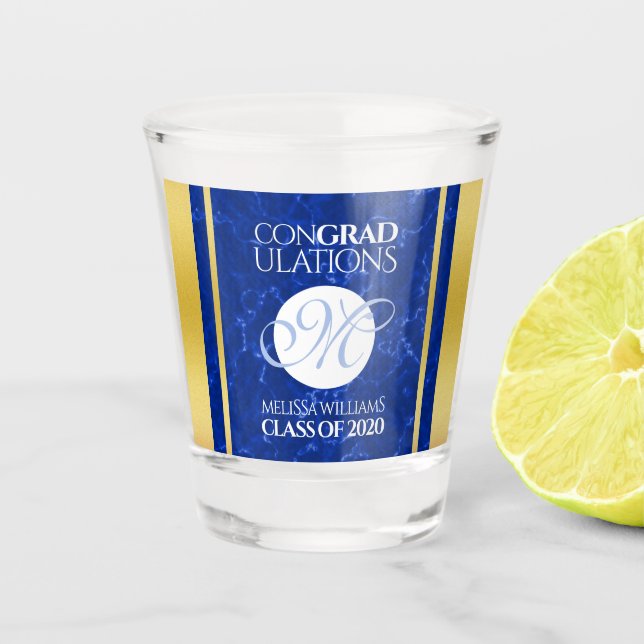 Eleganter Abschluss Monogram Blue Marble Gold Foil Schnapsglas (Vorderseite)