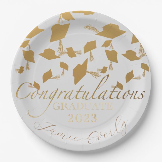 Eleganter Abschluss Ombre Gold Cap Toss Paper Plat Pappteller (Vorderseite)