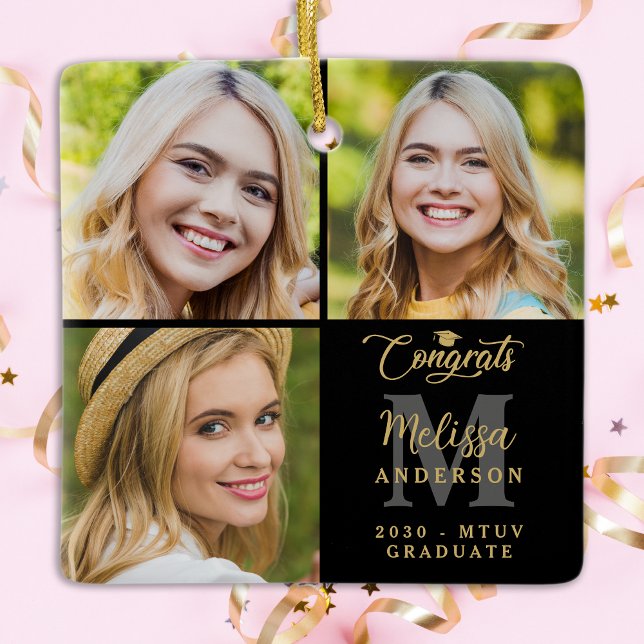 Eleganter Abschluss Personalisiert 3 FotoCollage Keramikornament (Von Creator hochgeladen)