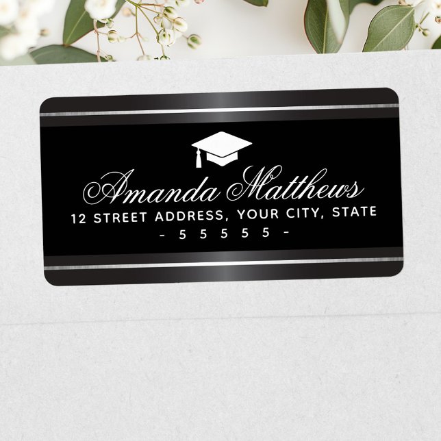 Eleganter Abschluss Satin graue Imitate Silbergren Adressaufkleber (Elegant graduation satin gray faux silver border label)