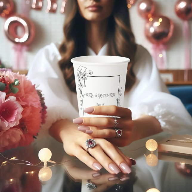 Eleganter Abschluss Schwarz-Weiß-Blumengrenze Pappbecher (Von Creator hochgeladen)