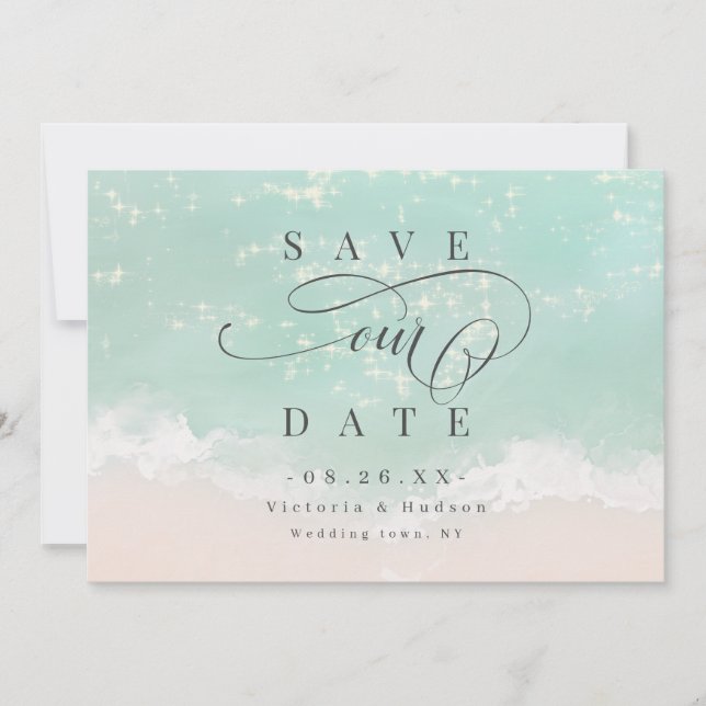 Eleganter abstrakter, glitzernder Strand Save The Date (Vorderseite)